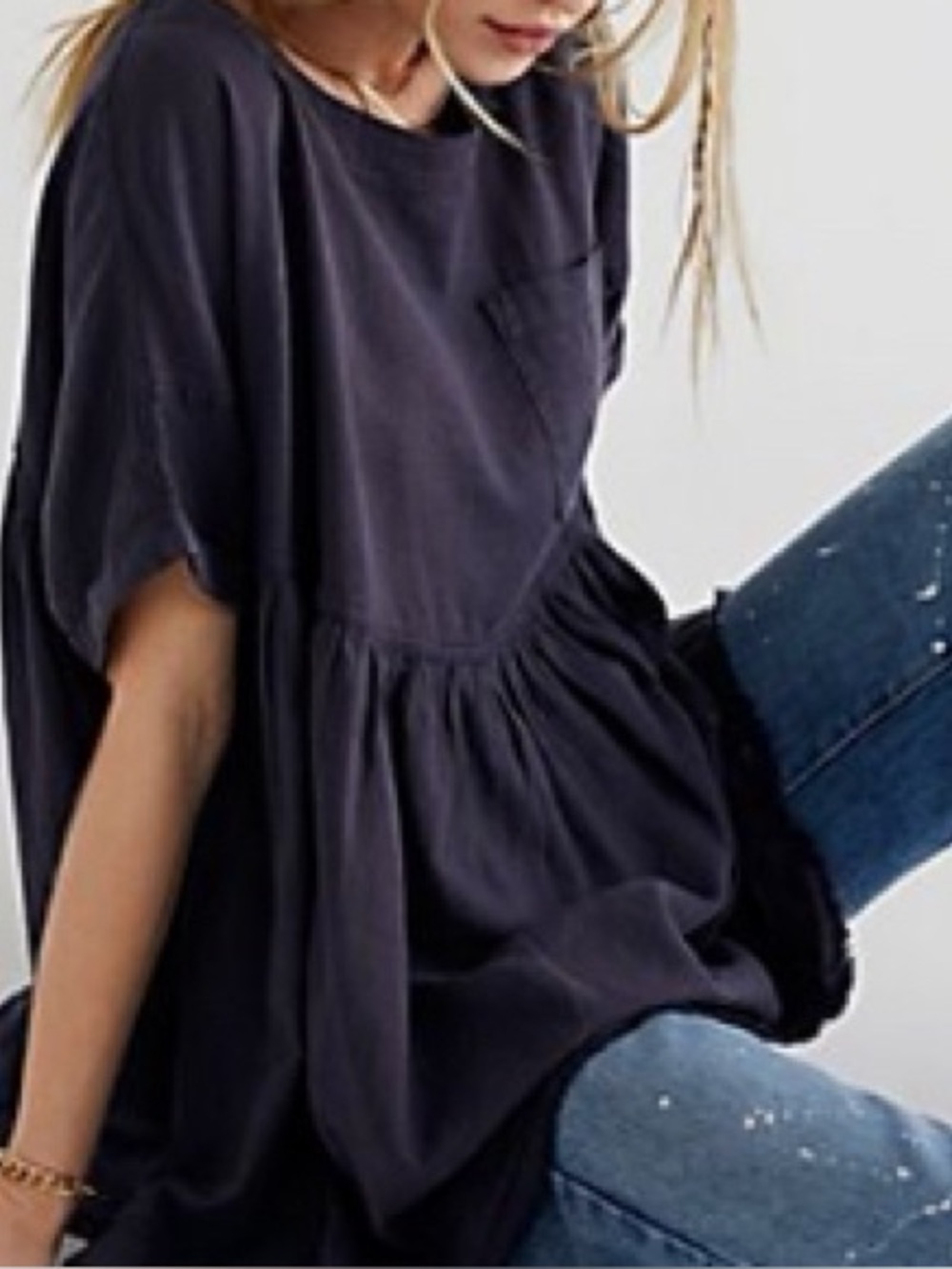 We The Free People Moon City Ruffle Top Babydoll Blue Linen Peplum Medium